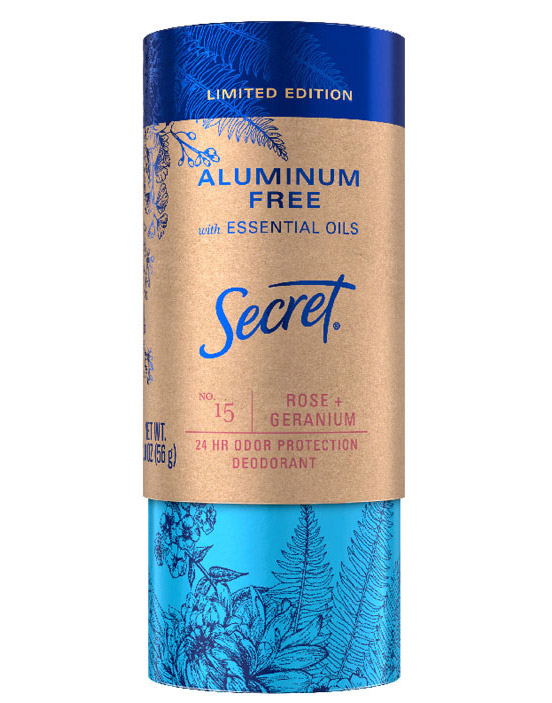 a carton of Secret aluminum free deodorant made with beautiful, striking blue sustainable inks and papers featuring a botanical pattern.