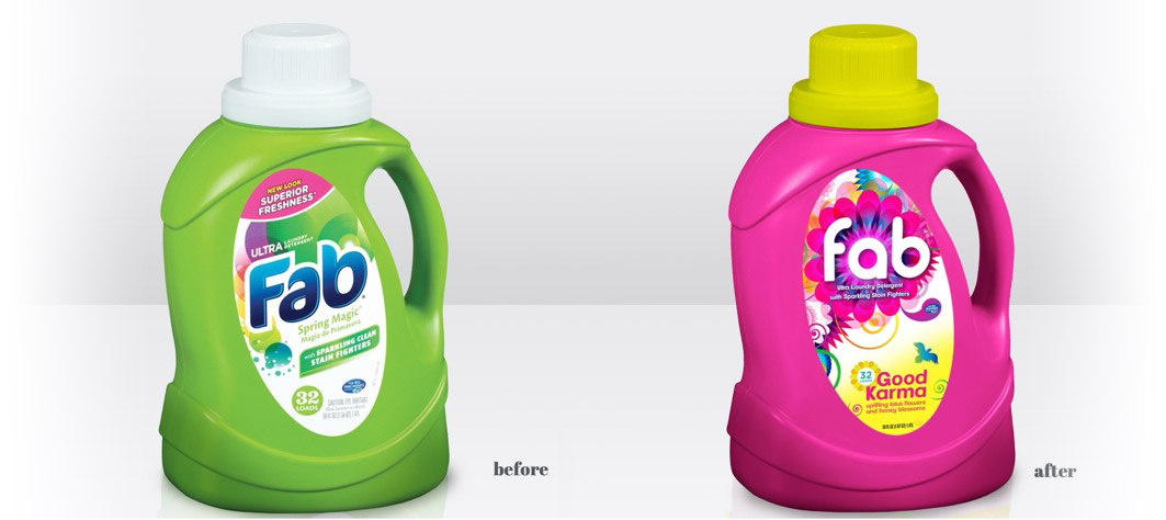 Two bottles of laundry detergent are displayed against a plain white background to display the refreshed branding and design of the Fab brand.