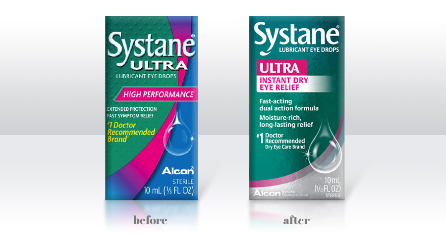 Refreshed product packaging of Systane Ultra relief eye drops that display the rebrand results with a premium image and consistent blue, white and pink color scheme, easy-to-understand format.