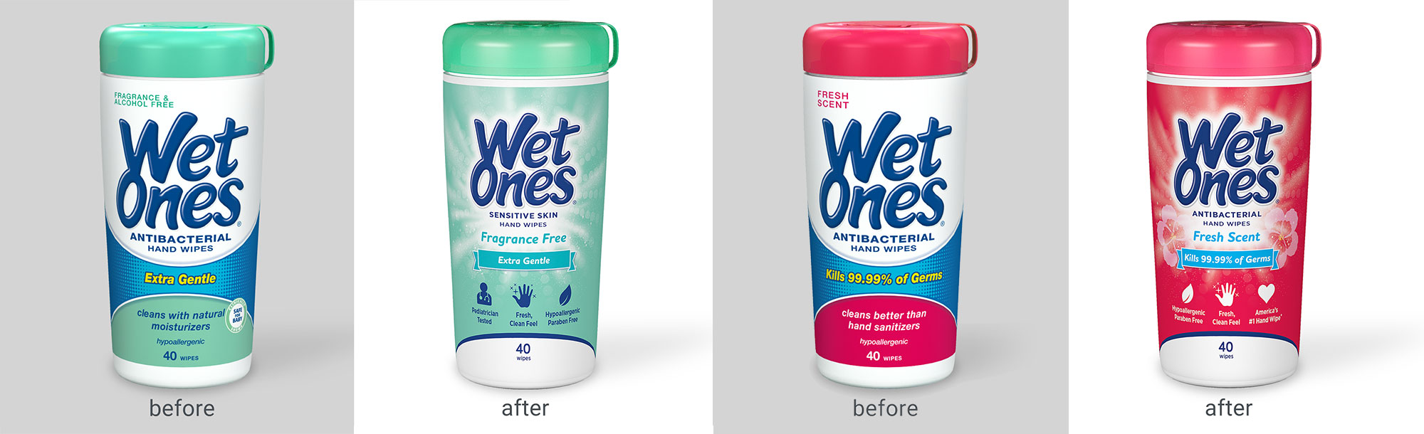A before and after photo displays the evolution of the Wet Ones brand as a result of rebranding completed by domo domo. The before images include less colorful packaging with more gradient images, while the after images are more colorful and easy to differentiate one product from the next.
