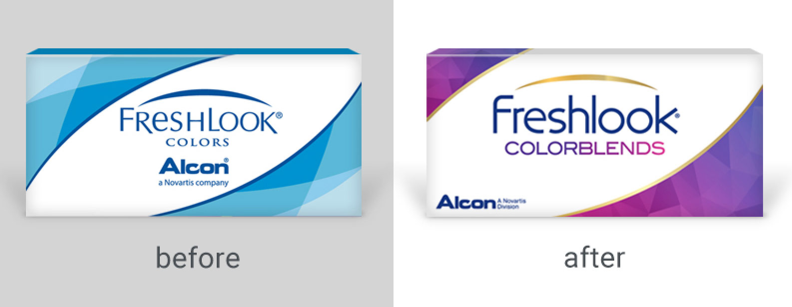 The package design of two boxes of Freshlook contacts is displayed in a before-and-after format against a white background. On the left is a box that shows the original look, with a blocky blue color scheme. On the right is a box after the Rebrand, which has more casual and modern fonts and a purple gradient color accent.