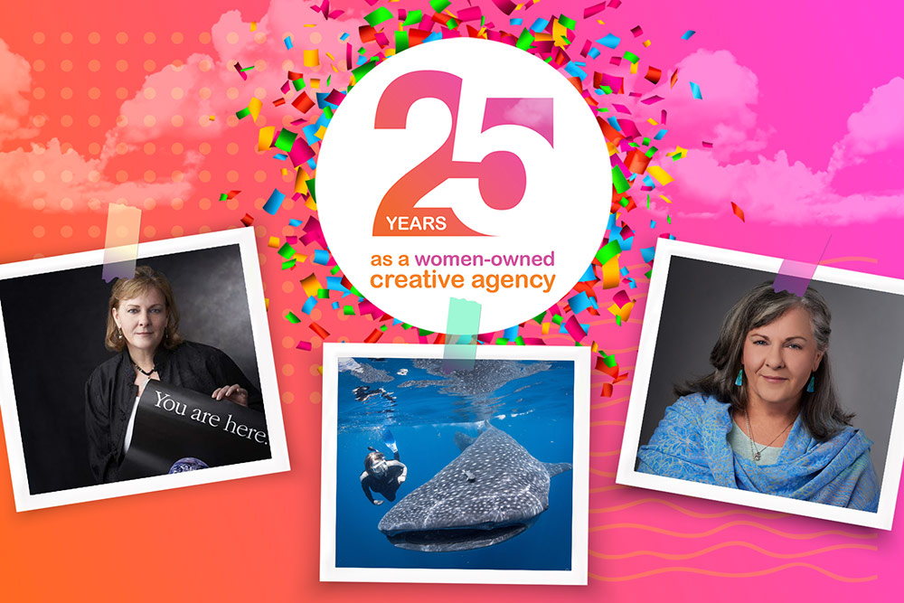 An orange and pink background with text that reads “25 years as a women-owned creative agency” and shows three pictures of Deb Adams, domo domo Marketing’s founder, throughout the years