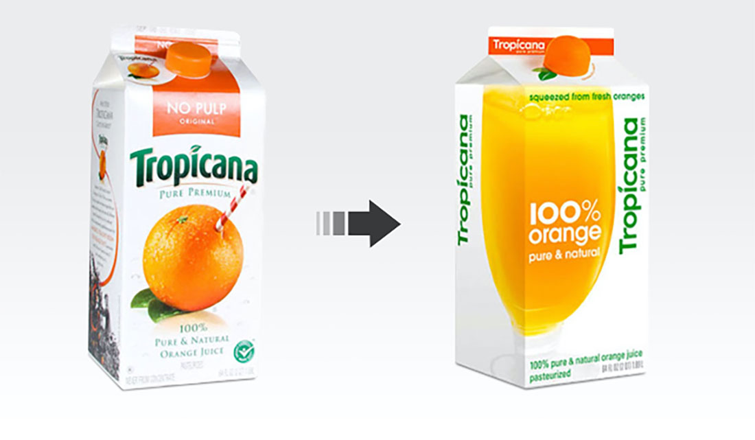 A before and after image shows the brand evolution of Tropicana orange juice packaging, exemplifying a modern and colorful package design and a logo redesign, against a plain grey backdrop.